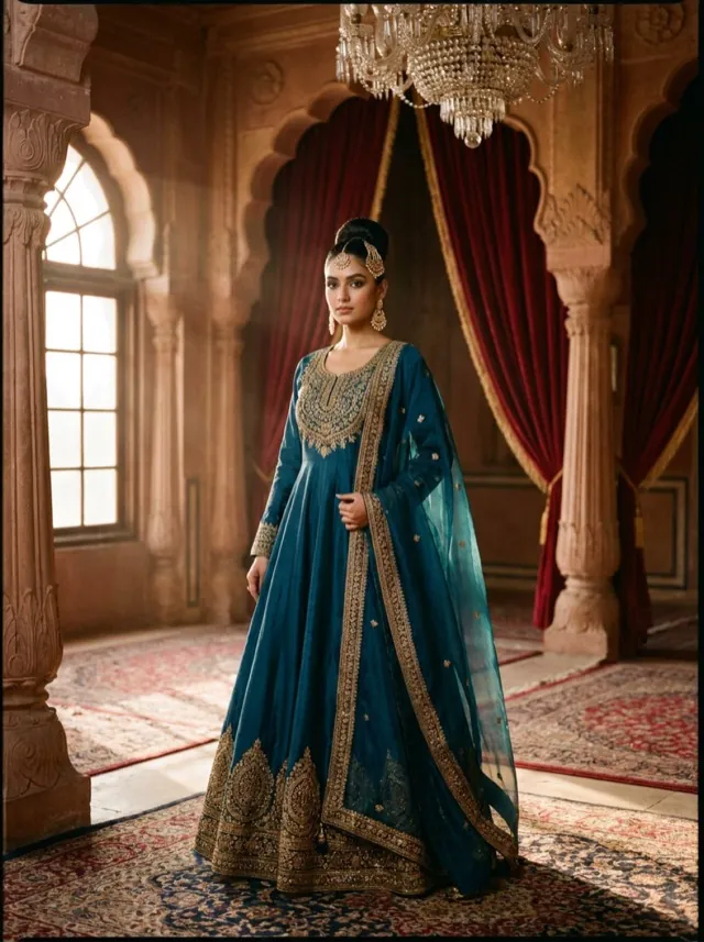 Teal Royal Anarkali - AI-generated fashion photoshoot by ApparelAI Studio
