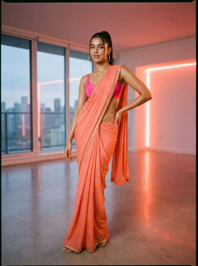 Coral Georgette - AI-generated fashion photoshoot by ApparelAI Studio