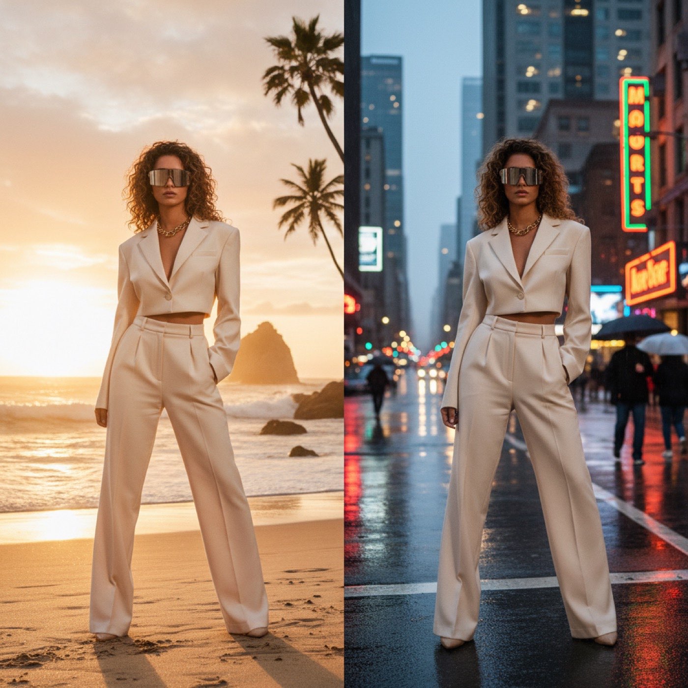 AI Background Changer before-and-after - cream pant suit composited from a beach sunset backdrop into a neon-lit Tokyo street scene with auto-matched lighting