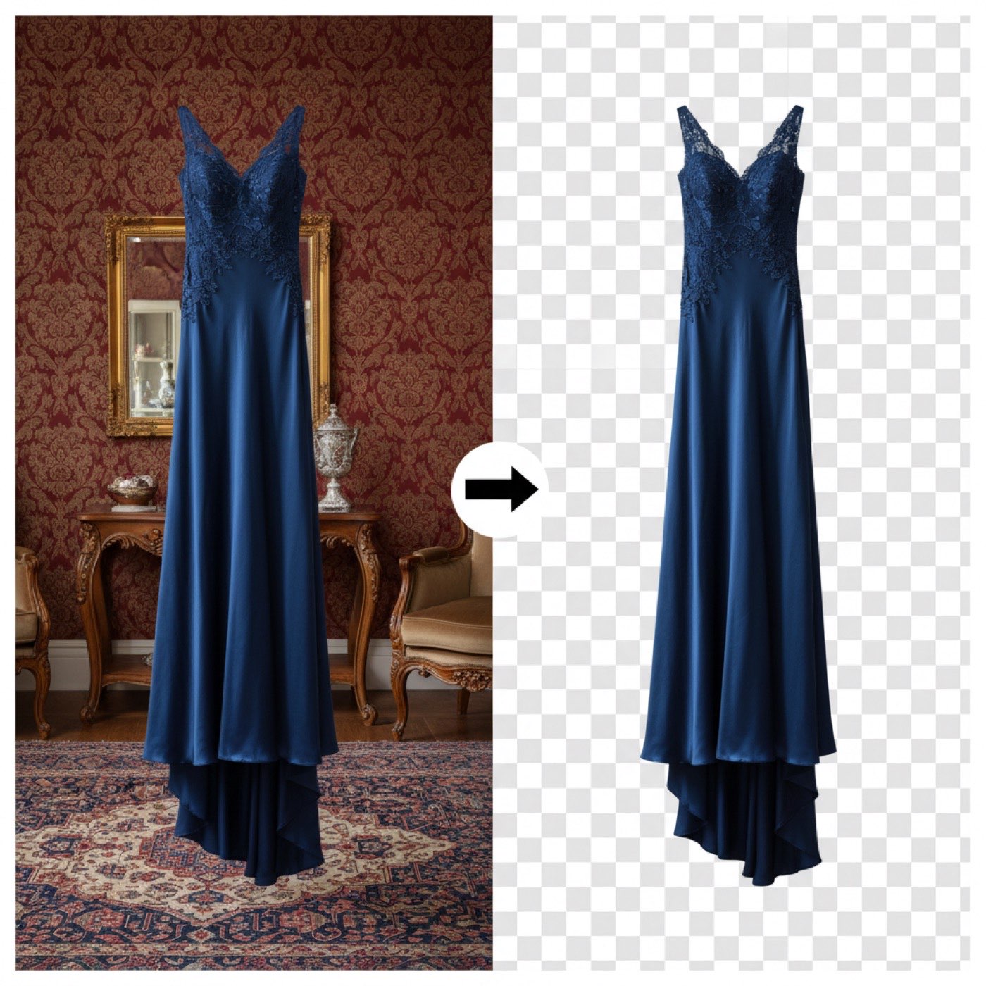 AI Background Remover before-and-after - blue silk gown stripped of red damask backdrop into a transparent PNG ready for any layout