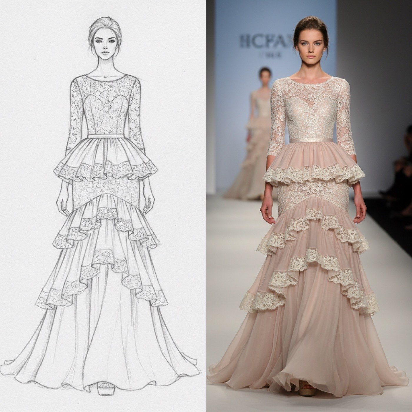 AI Sketch to Garment - fashion croqui sketch rendered as a photorealistic blush tulle gown worn by an AI model on a runway
